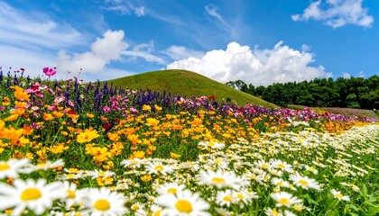 Colorful flower field under a vibrant sky