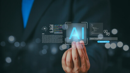 Artificial intelligence concept showing digital AI icon, programming code, and data interface floating above human hand, representing innovation, automation, and future technology.