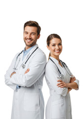 Fototapeta premium Smiling mid-30s caucasian man and woman doctors in lab coats with stethoscopes, arms crossed, standing back-to-back against seamless transparent background, professional healthcare team concept