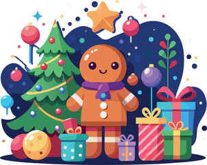 Naklejka premium Charming Christmas Sticker Scene Featuring a Cute Dog Illustration with Festive Elements on Transparent Background charming sticker