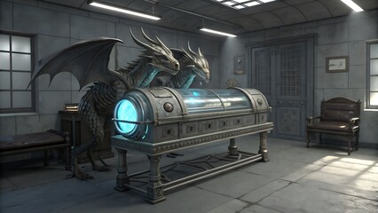 Two powerful mythical dragons stand watch over a mysterious glowing energy device inside a dark ancient futuristic laboratory environment.