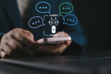 AI agent chat service and customer support. Artificial intelligence helping and assisting customer. Person using laptop computer to ask questions to AI at desk.