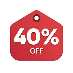 Red tag with 40 percent off text isolated on transparent background