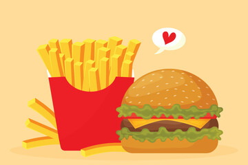 Cheeseburger with crispy french fries vector design.