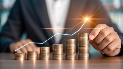 Businessman building financial success with growing coin stacks and upward trend graph