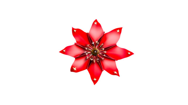 Red metallic starburst decoration with tiny stars and central gold orb
