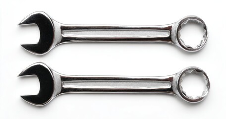 Two gleaming chrome combination wrenches, open-ended and ring-ended, lie parallel against a stark white background