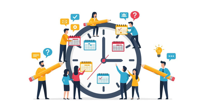 Project management concept with a team scheduling tasks on a clock calendar. Business planning and deadline strategy illustration.