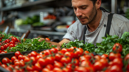 Chef inspects tomatoes and herbs in a restaurant kitchen