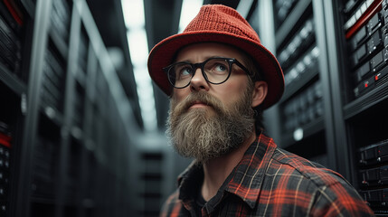 A dedicated technician with a beard and red hat closely examines server racks in a secure data center environment, ensuring system integrity.