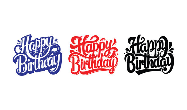 Happy birthday calligraphy text designs in blue red and black