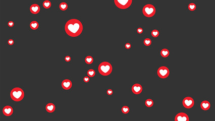Floating Social Media Like Icons with Red Hearts on Dark Background. Digital Reaction Symbols for Online Engagement, Love, and Interaction. Minimal Vector Illustration for Web and Apps.
