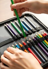 Arranging a vibrant collection of coloring pencils in a sleek storage case concept