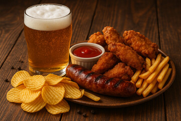 Glass of Beer with a Plate of Snacks, AI Generation