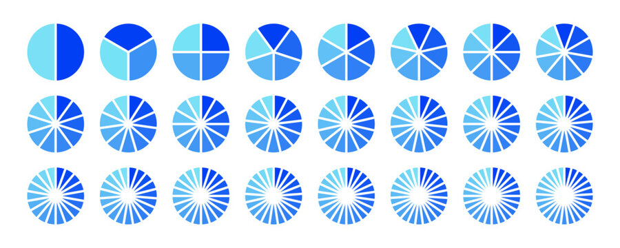 Set of blue gradient pie chart icons with divided circle segments from 2 to 25 parts. Circular diagram collection. Circle section graph