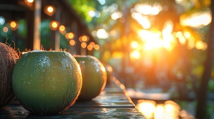 Coconuts drink at the terrace in sunset light