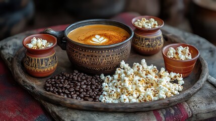 Ethiopian coffee ceremony with jebena, cups, roasted beans, and popcorn.
