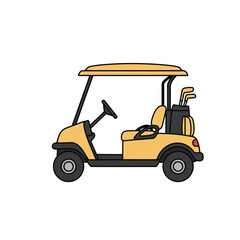 Fototapeta premium Illustration of a yellow golf cart with clubs in a bag parked on a golf course ready for a game of golf