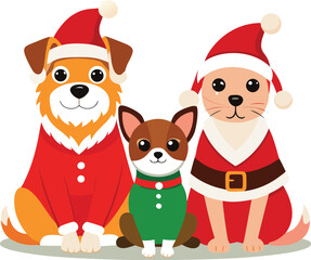 Festive Holiday Pet Costumes Cat and Dog in Santa Outfit Illustration