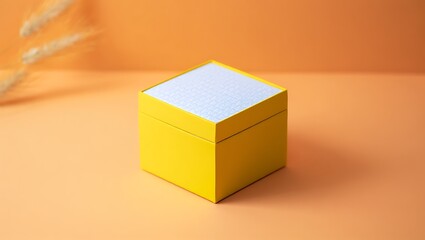 Obraz premium Bright yellow square box with textured white lid on orange background with blurred wheat stalks image