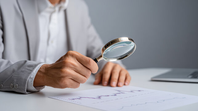 Focused businessman analyzing impact of inflation and interest rates on global economy holding magnifying glass over financial chart