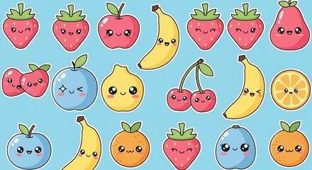 Adorable Kawaii Fruits Collection: Cute Kawaii Style illustrations of strawberries, apples, bananas, cherries, and oranges on a blue background