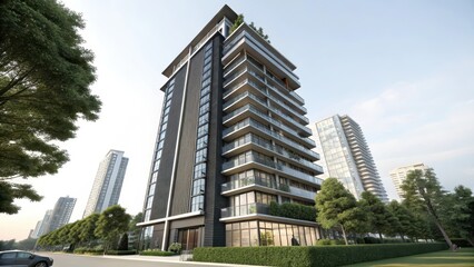 Obraz premium Modern high rise condominium building with glass balconies and green spaces