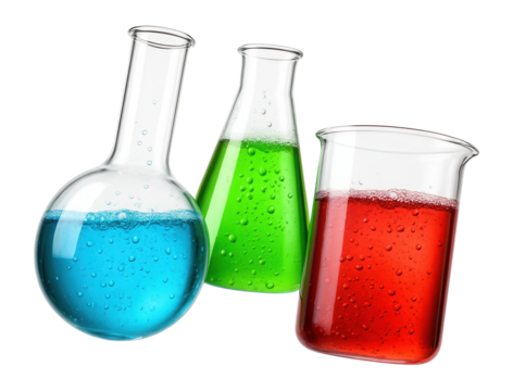 Laboratory flasks with colored liquids and bubbles above.