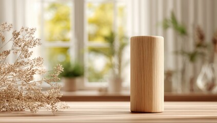 Light wooden cylinder sits on a table near dried flowers, in front of a sunlit window