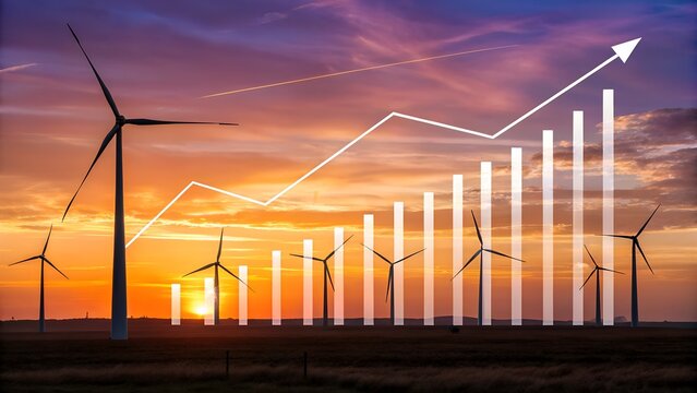 Wind energy growth soaring with positive financial chart at sunset