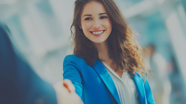 Professional businesswoman in blue blazer smiling and shaking hands with colleague, close-up shot, modern office background with soft natural lighting, confident and friendly expression, cinematic dep