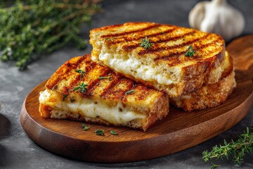 Two golden-brown, grilled cheese sandwiches, cut in half, revealing melted cheese; resting on a rustic wooden board, garnished with fresh thyme sprigs.  