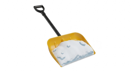 Yellow snow shovel filled with freshly fallen snow against a stark black background