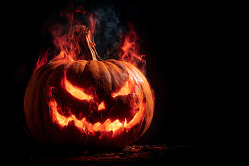 Glowing Jack-o'-lantern with Sinister Face Surrounded by Smoke on Halloween Night