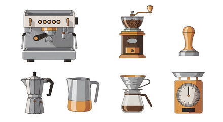 Barista Tools Icon Set - Espresso Machine, Coffee Grinder, Tamper, Milk Frothing Pitcher, Moka Pot, Dripper, and Coffee Scale Illustration on Transparent Background