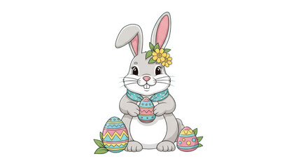 Fototapeta premium Charming easter bunny adorned with flowers and holding colorful painted eggs