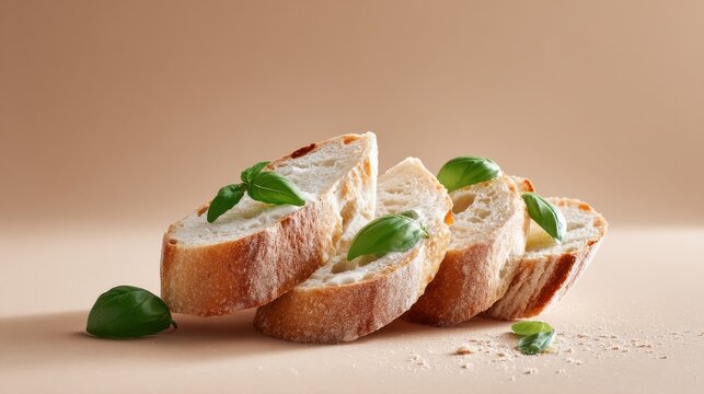 Sliced baguette with olive oil dip and fresh basil, golden crust and herbs in simple delicious harmony. - Powered by Adobe