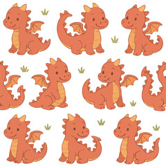 Whimsical Seamless Little Dragon with Grass Repeatable Cute Pattern
