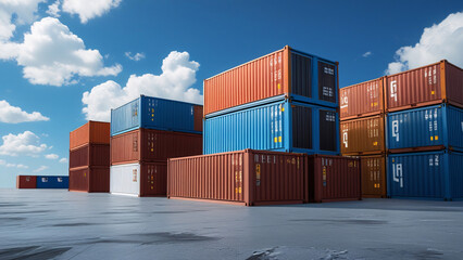 Stacked Shipping Containers In A Yard Under A Blue Sky With White Fluffy Clouds Visible Above Them
