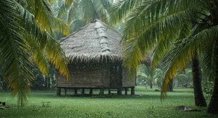Rainy Day Sanctuary: Thatched Hut Framed by Lush Tropical Palm Fronds