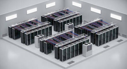 Isometric view of a modern server room featuring rows of data servers, cooling systems, and overhead cable management, highlighting secure data storage, high technology, and digital infrastructure.