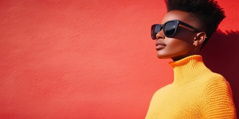 Woman wearing yellow sweater and black sunglasses standing against red wall. Modern fashion portrait with bold colors and trendy style.