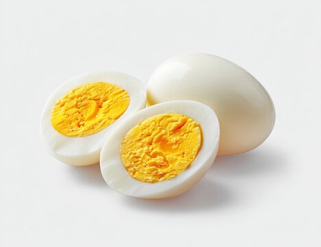 Two halved hard-boiled eggs and one whole egg rest on a white background, showcasing their creamy white exterior and vibrant yellow yolks