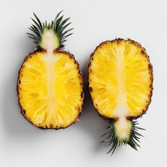 Two halved pineapples, vibrant yellow flesh, green tops, lie on a white background, viewed from above, showcasing their symmetrical halves and detailed texture