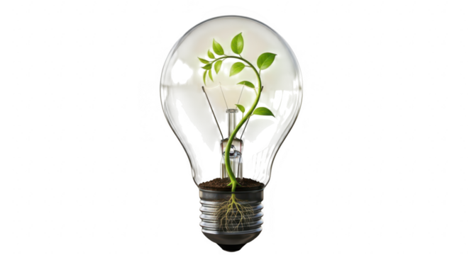 A vibrant green plant grows inside a clear glass light bulb against a stark black background