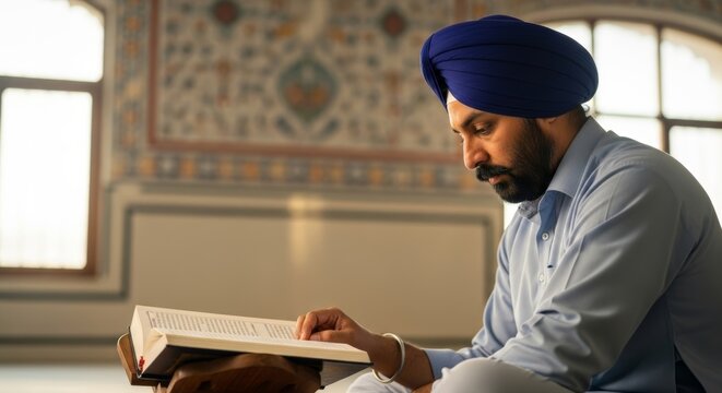 Sikh man in traditional turban studying Guru Granth Sahib in a serene setting during daylight hours - Powered by Adobe