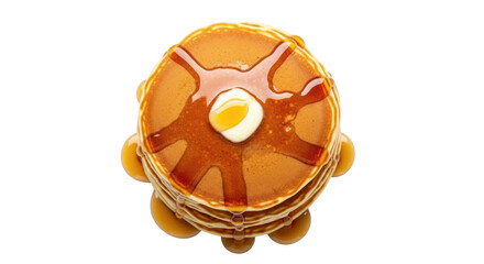 Delicious stack of golden brown pancakes drizzled with syrup and butter