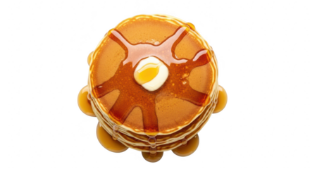 Delicious stack of golden brown pancakes drizzled with syrup and butter