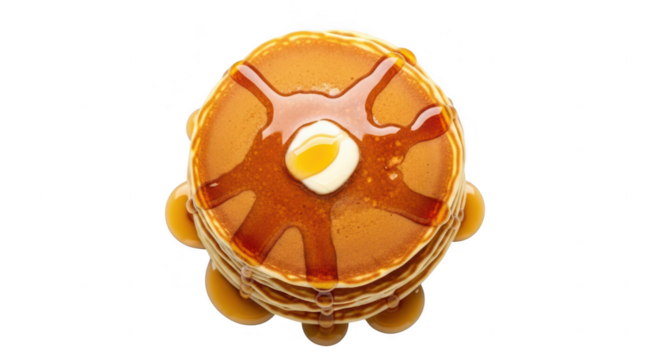Delicious stack of golden brown pancakes drizzled with syrup and butter