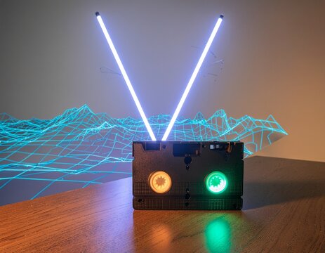 Retro VHS cassette with glowing neon antennae, futuristic wireframe background.